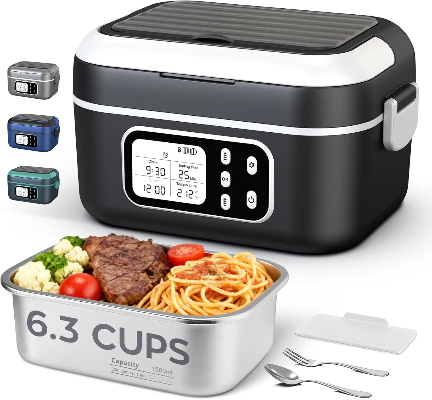 

Беспроводной термоконтейнер для обедов на 6,3 чашки с аккумулятором 27000 мАч, термосумкой и столовыми приборами для взрослых (черный/белый)