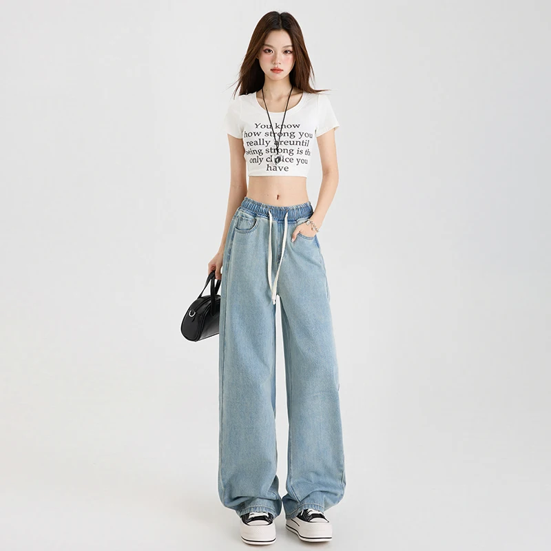 Straight Tube Womens Straight Jeans Loose Fit Leisure Skin Friendly Denim Trousers Elastic Waist Lightweight Breathable
