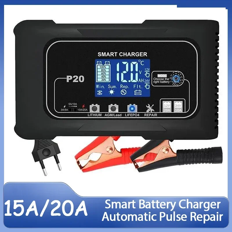 15A/20A Smart Battery Charger LCD Automatic Pulse Repair Charge for Car Motorcycle Battery Charger Lead-Acid Lithium Battery