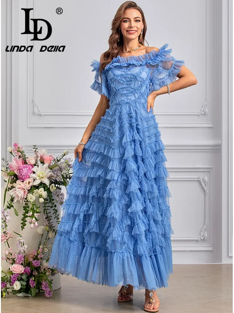 

LD LINDA DELLA 2024 Summer Luxury Dress Women's Vintage Elegant Net Yarn Cascading Ruffle Polka Dot Print Temperament Dress