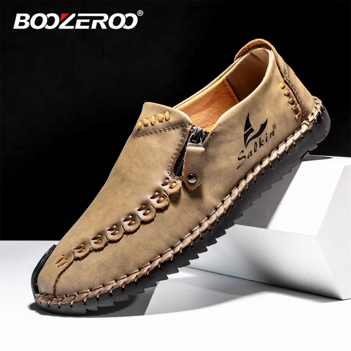 BOOZEROO Fashion Handmade Casual Men's Shoes  Outdoor Zip Slip-on Loafers Comfortable Flats