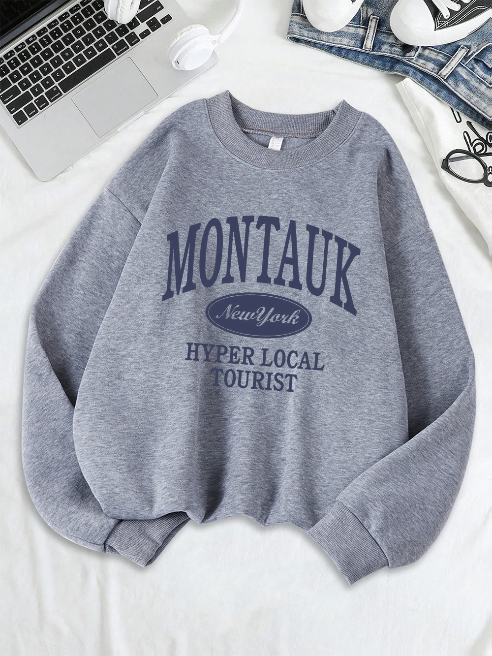 モンタウクニューヨークスポーツウェアプリントスウェットレディースフリース暖かいカジュアルパーカークルーネックルーズトップス冬快適な服