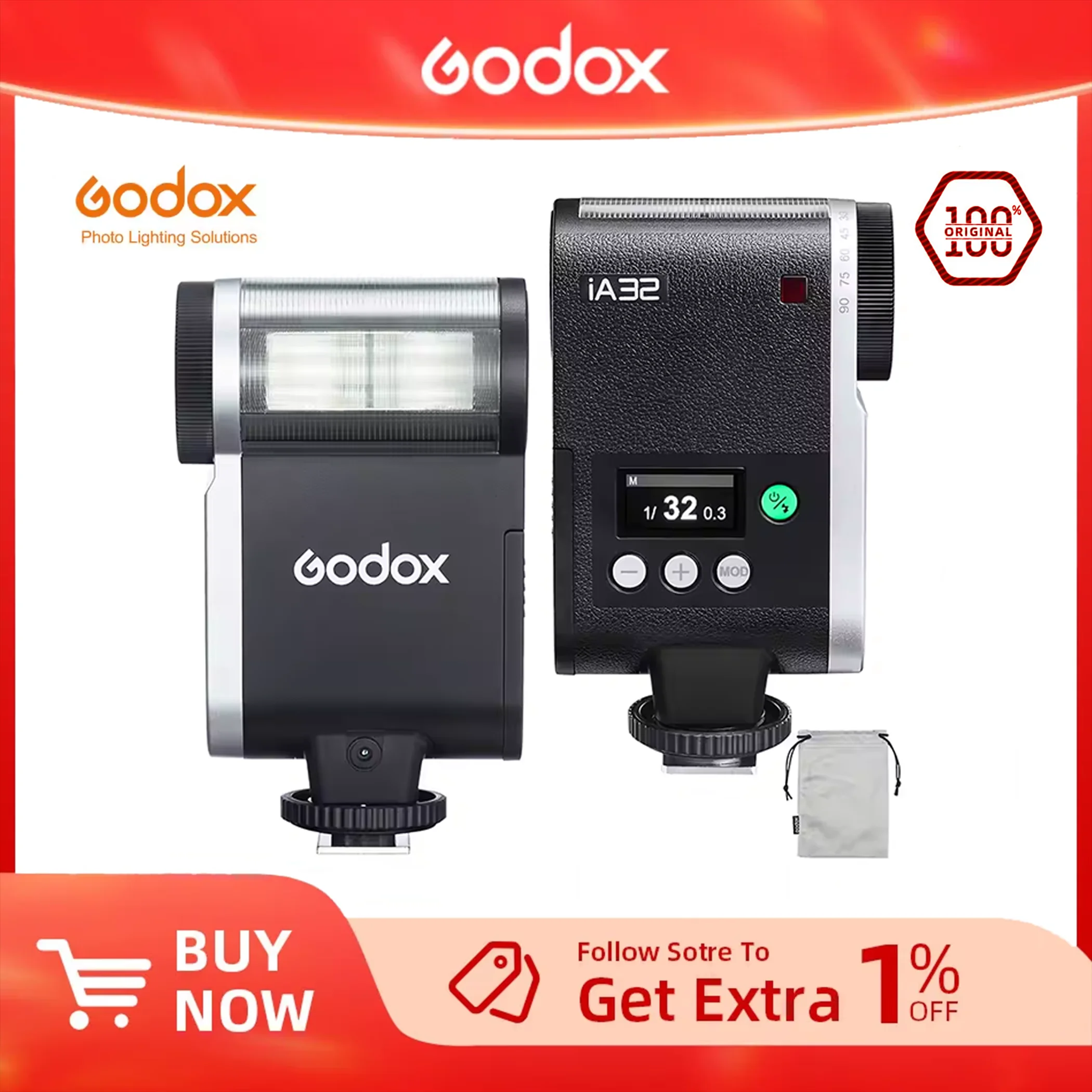 

Godox iA32 Mini Camera Flash Tiltable Head GN15 6200K CCT Optical S1/S2 Modes for Various Camera Models