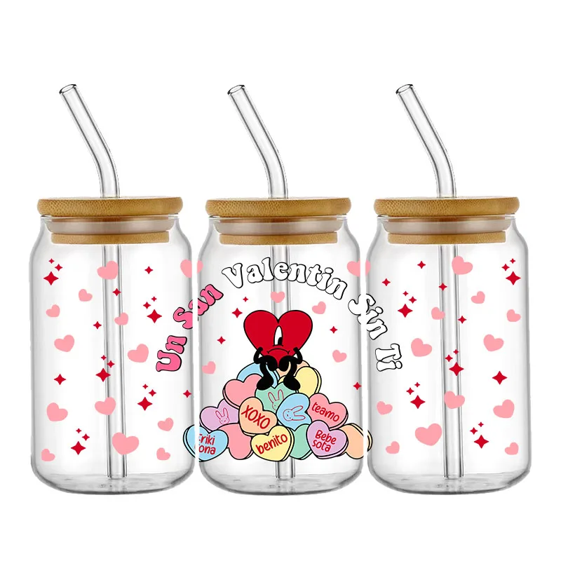 Valentine's Day UV DTF Transfers Stickers Happy Love Cup Wraps 16oz Libbey Glass Can Waterproof DIY Personalize Sticker Labels