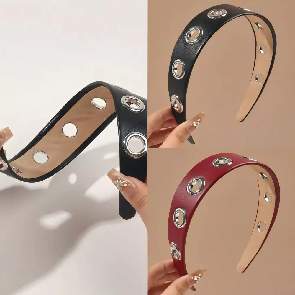 

1 шт. осенне-зимняя черно-красная модная панк-повязка на голову из кожи с металлическими заклепками, уникальный ободок для женщин, модные аксессуары для волос