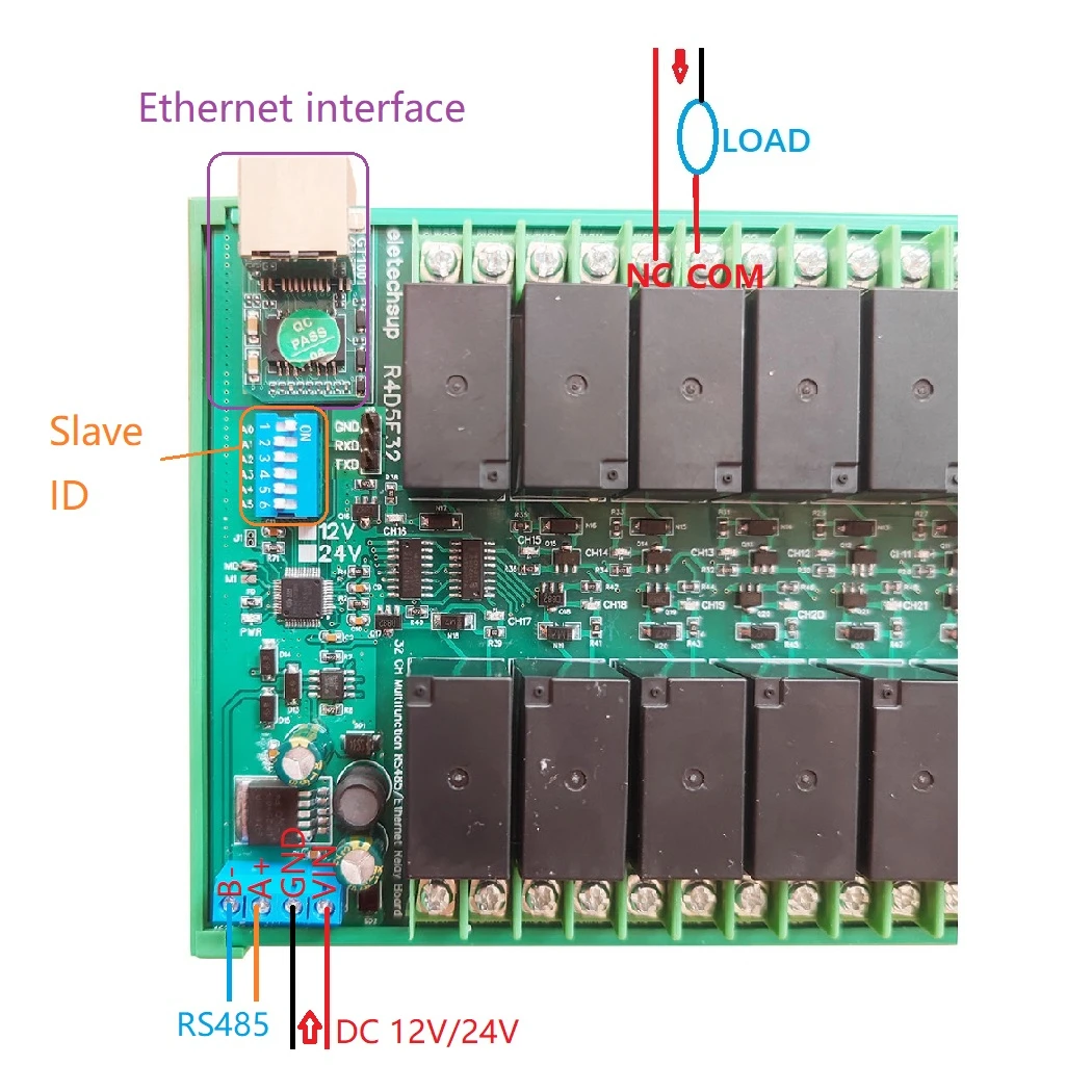 DC 12V/24V 20A 32 Channels RS485/Ethernet Modbus Slave Relay Board High Current RJ45 Network Port TCP/IP Modbus RTU Relay Module