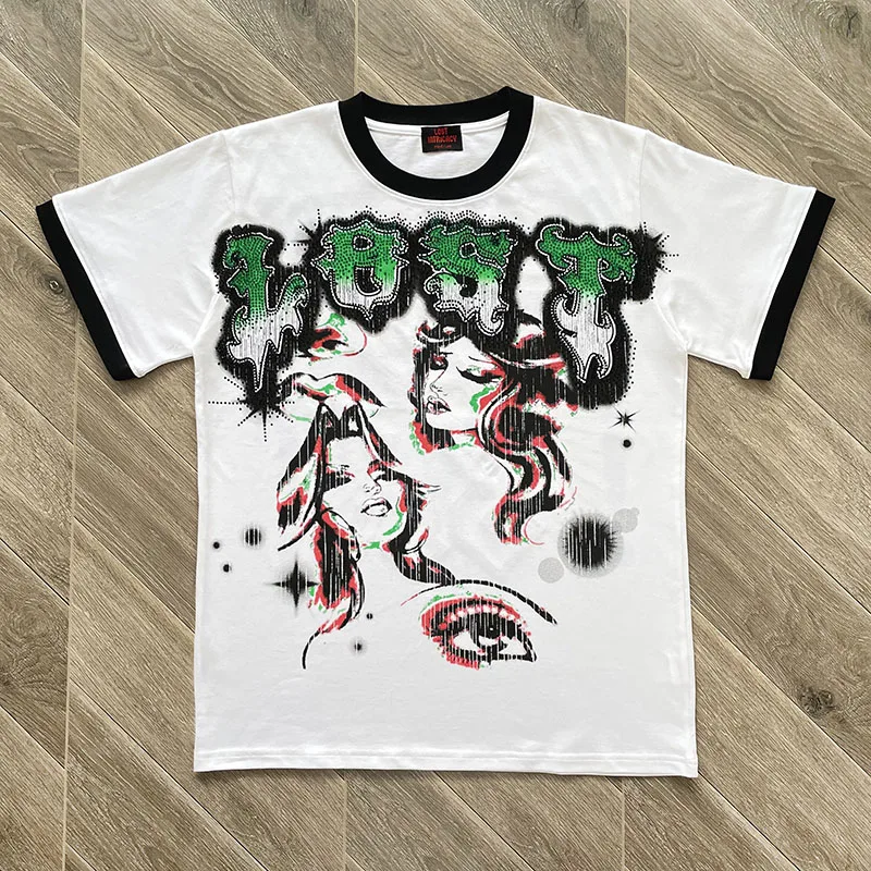 

Футболка Lost intricacy, черно-белая лоскутная футболка со стразами и буквенным принтом, топы из чистого хлопка для мужчин, женщин, пар, повседневная футболка с коротким рукавом