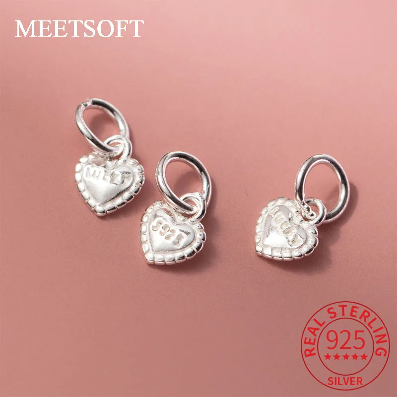 MEETSOFT S925 Sterling Silver Lucky English Heart Pendant Hanging Tag DIY Beaded Pendant Hand Woven Rope Material Accessories