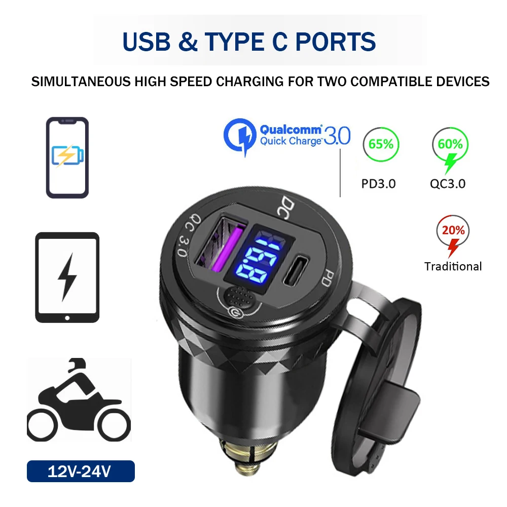 For Tiger 800 Quick Charge 3.0 USB Type-C Charger Plug Socket Power Adapter For BMW F800GS F800R F800S F800GT F900R F900XR G310R