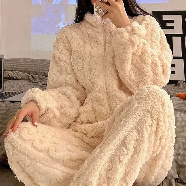 large-size-flannel-pajamas-set-for-women-autumn-winter-comfortable-sleepwear-home-clothes-eight-sleeve-open-collar-menswear