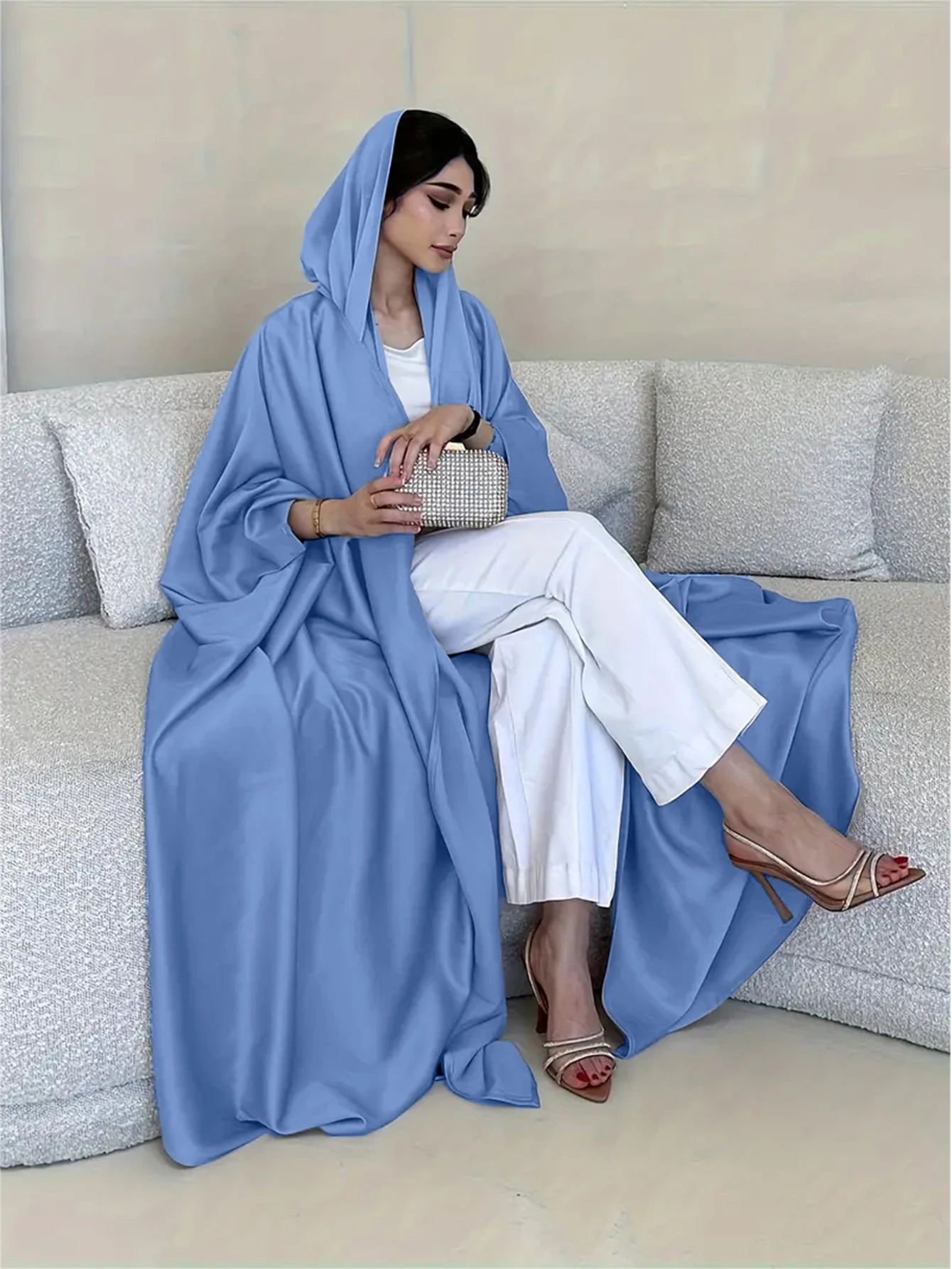 Solid Color Soft flowing Muslim robes， Elegant Hem Maxi Length Dress