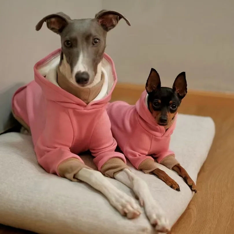 Sudadera con capucha cálida de vellón rosa roja para perro Abrigo suave de primavera otoño con bolsillo para pijama de ligo Little Greyhound Bedlington