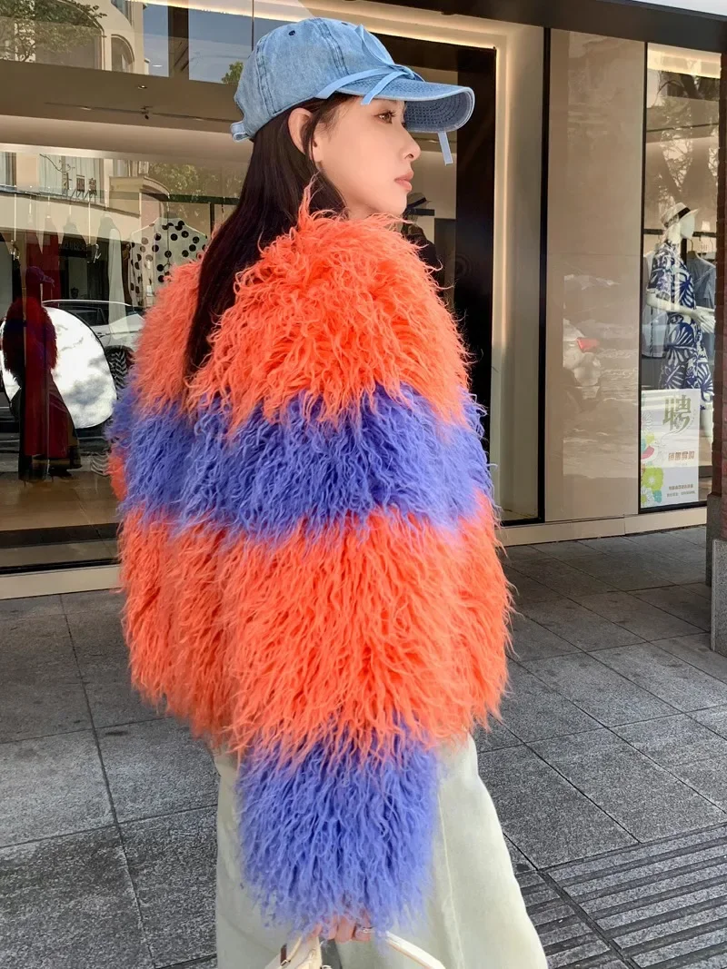 Autumn Winter Popular Contrasting Color Fur Coat Women's Imitation Beach Sheep Wool Short Colorful Long Sleeves Jaqueta Feminina