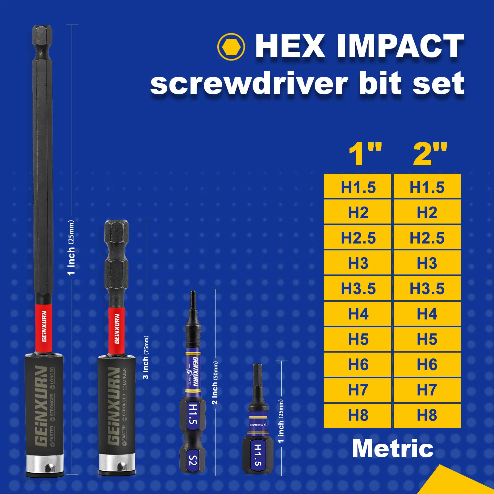 GEINXURN 1 In./2In Multi Hex Head Impact Tough Magnetic  Bits Set, S2 Steel Hex Screwdriver Bit set