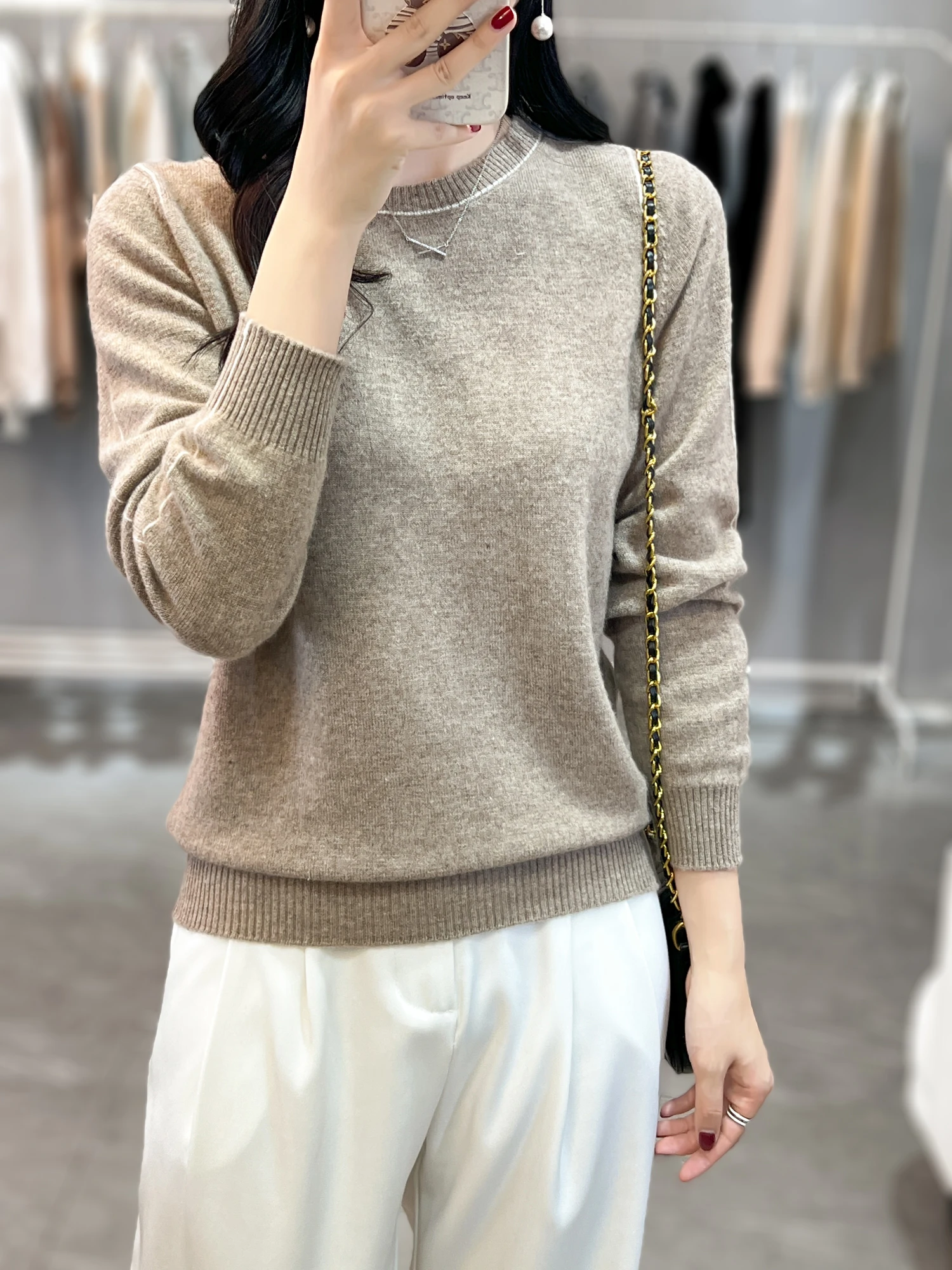 Fashion versatile patchwork color round neck cashmere sweater for women autumn and winter style with top sweater loose wool knit