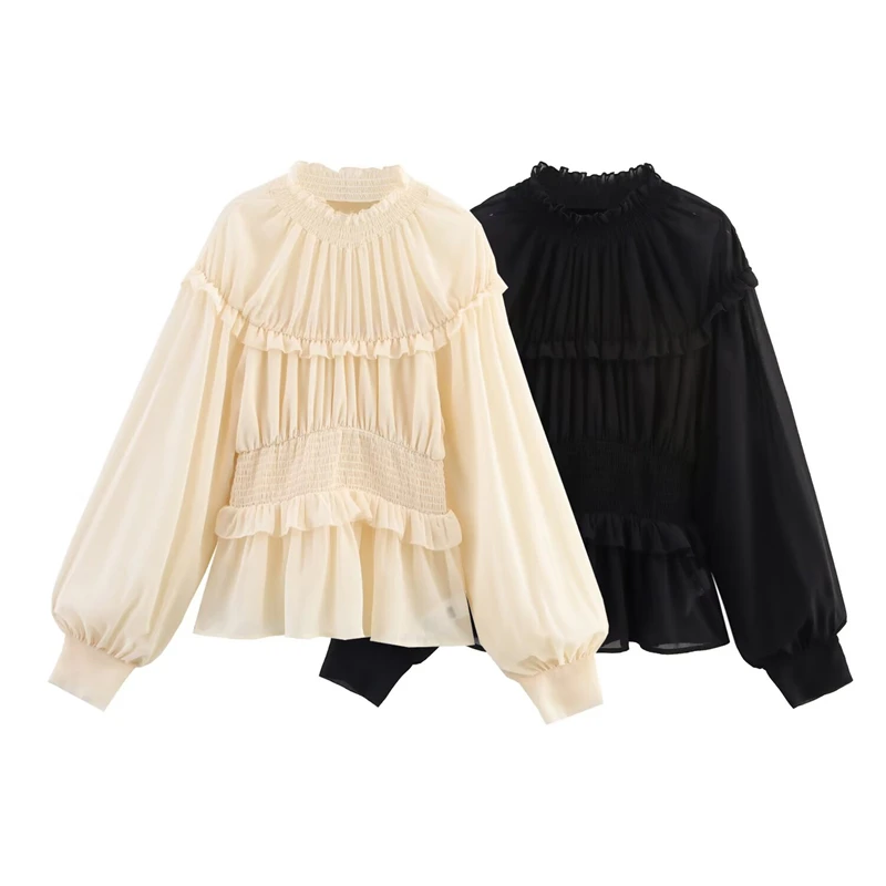 KEYANKETIAN 2025 Lente/Herfst Nieuwe vrouwen Agaric Decoratie Chiffon Shirt Hof stijl Mock Hals Lantaarn Mouw Slanke blouses Top