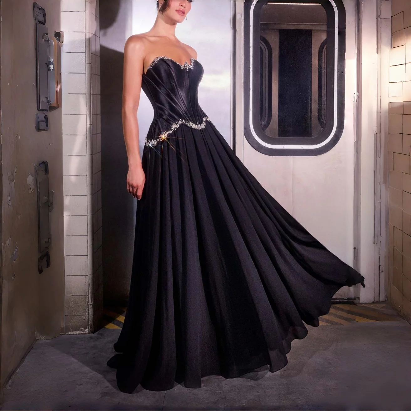 Black Luxury Strapless Corset Gown Rhinestone Trim Chiffon Skirt Formal Evening Cocktail Bridesmaid Wedding Guest Gown