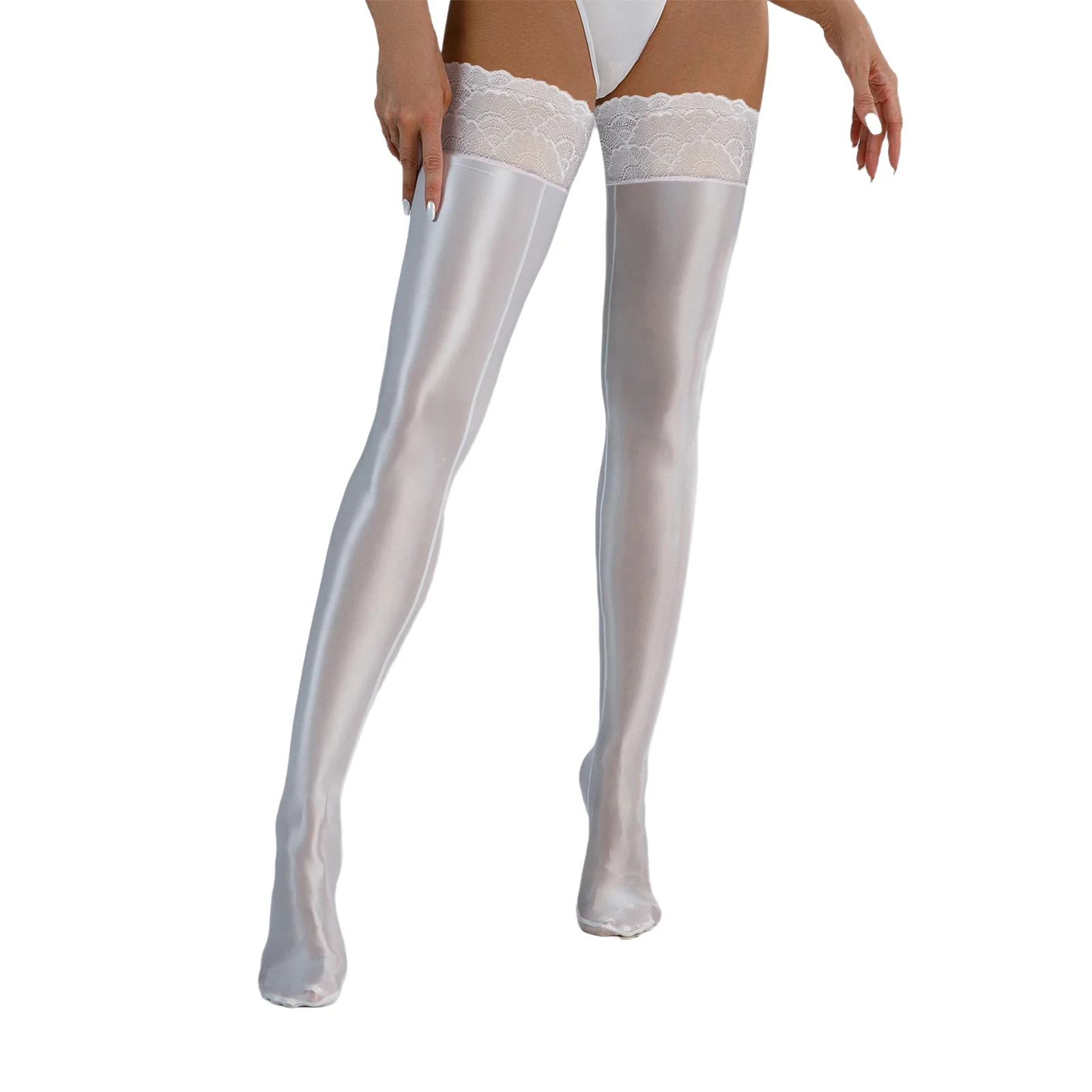 Calze autoreggenti alte in pizzo da donna Calze metallizzate lucide Collant ultra in silicone antiscivolo Clubwear Calzini sopra il ginocchio