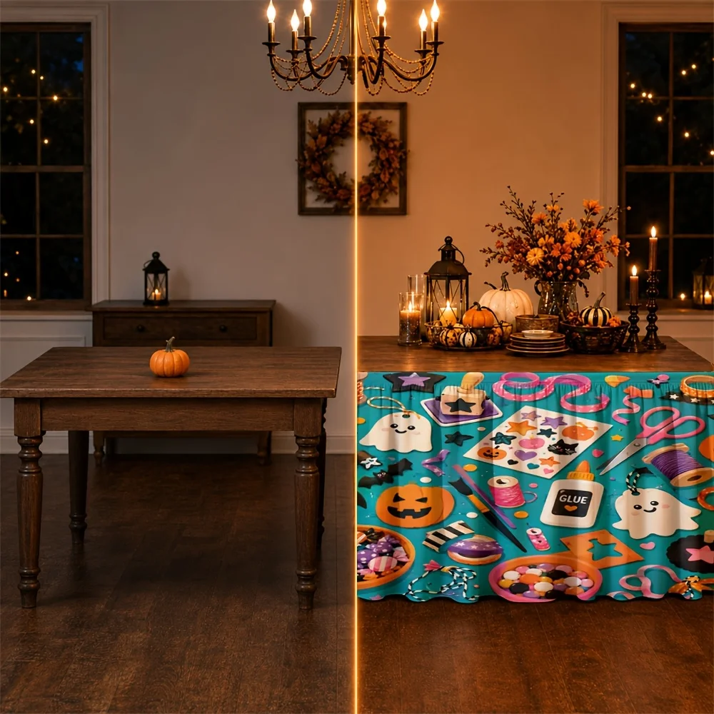 2D flat banner, 1 piece. A tablecloth is included. Made of polyester. Happy Halloweenzyc