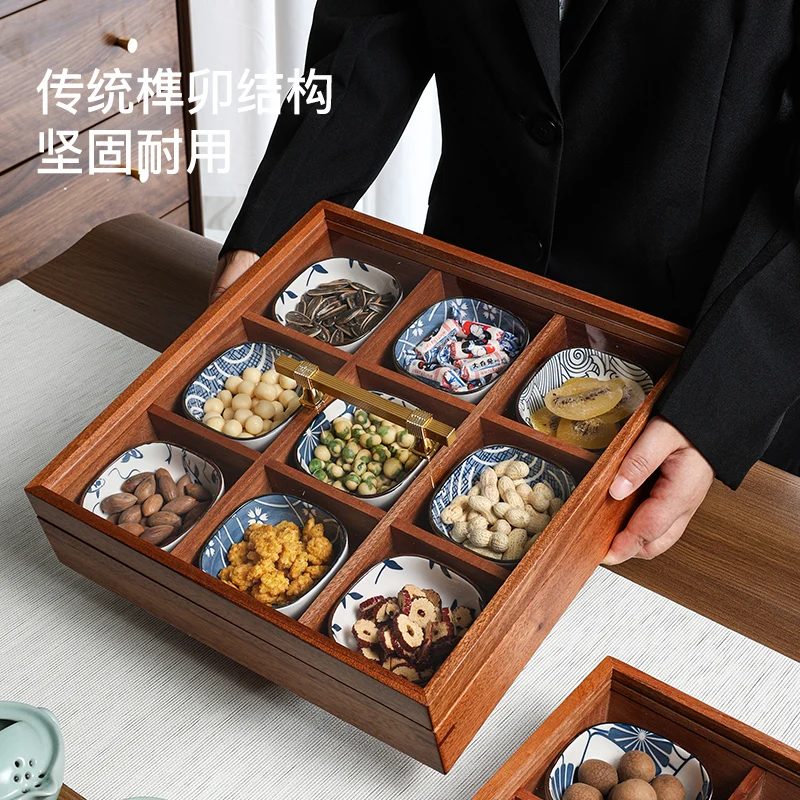 dried fruit box small plate, engagement housewarming large advanced, good-looking Jiugongge, solid wood fruit plate with lid