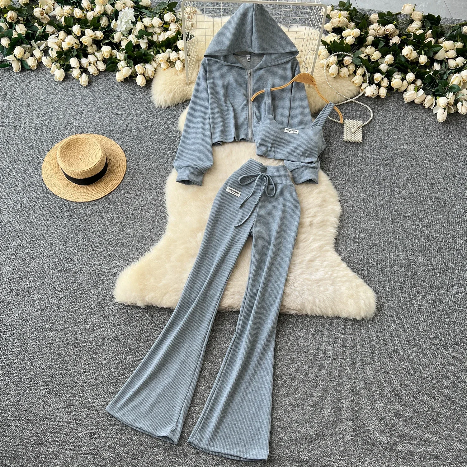 Chic Women Three-Piece Sets Straps Camis Top Slim Hooded Long Sleeve Zipper Coat High Waist Flare Pants Fashion Winter Clothing