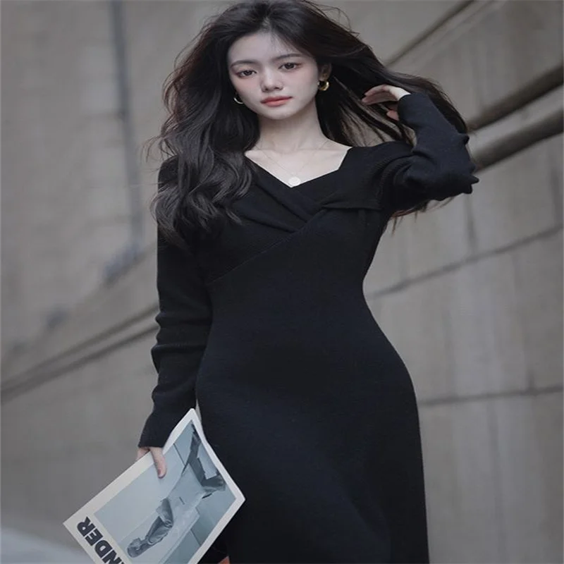 Temperament Appears Slim Gentle Women Wear Elegant Dresses On The Inside  On The Outside Autumn  Winter Knitted Long Dresses C25