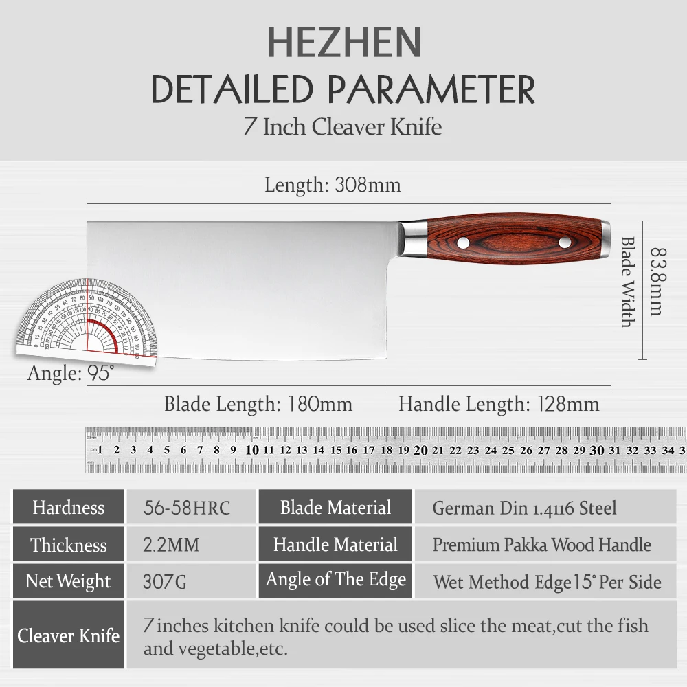 HEZHEN 7 Inches Cleaver Knives Pakka Wood Handle  & Stainless Steel Rivet German DIN1.4116 Steel  Beautiful gift box Cook Knife