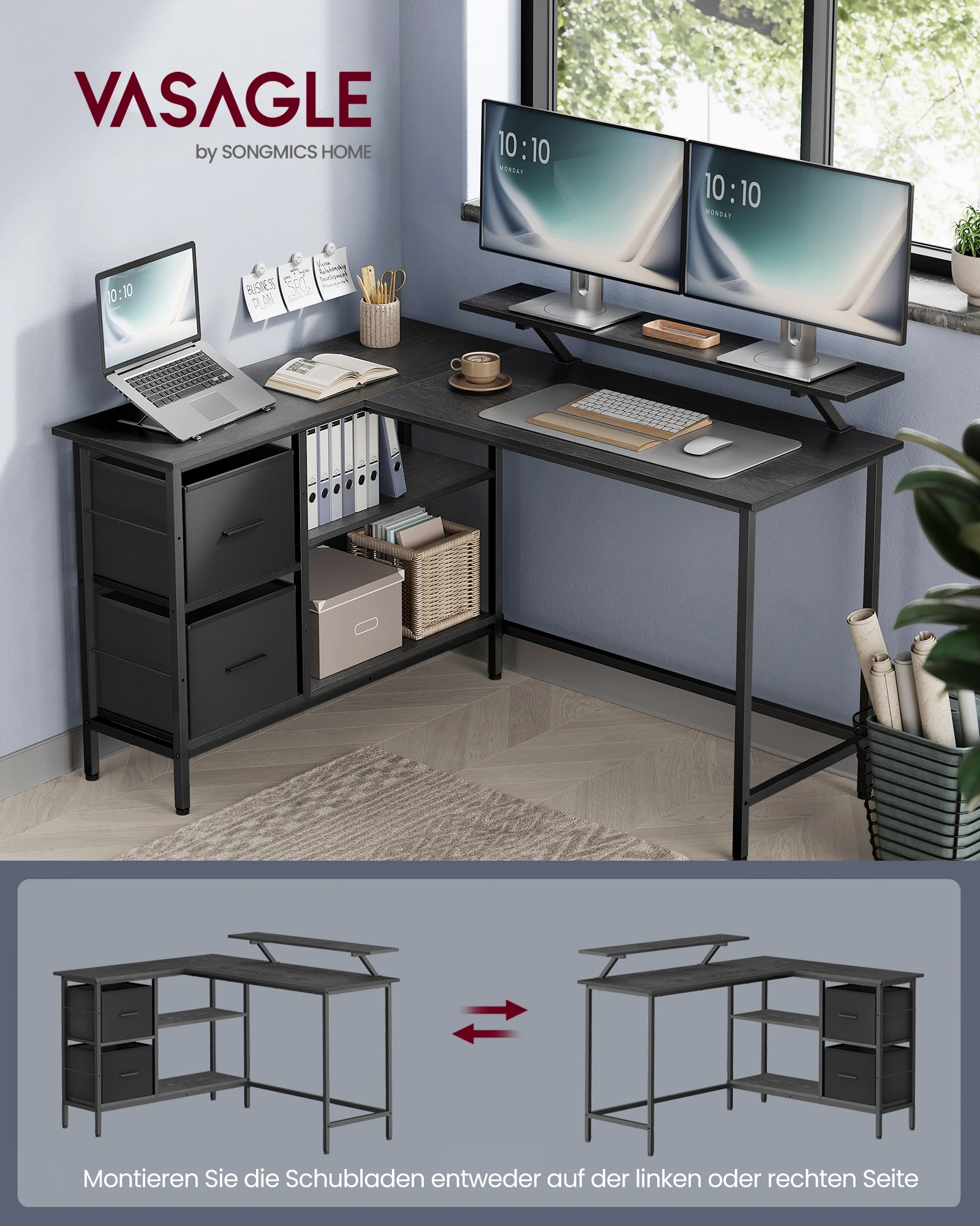 VASAGLE L-vormig bureau, 2 ruime lades, computertafel met monitorstandaard, hoekbureau
