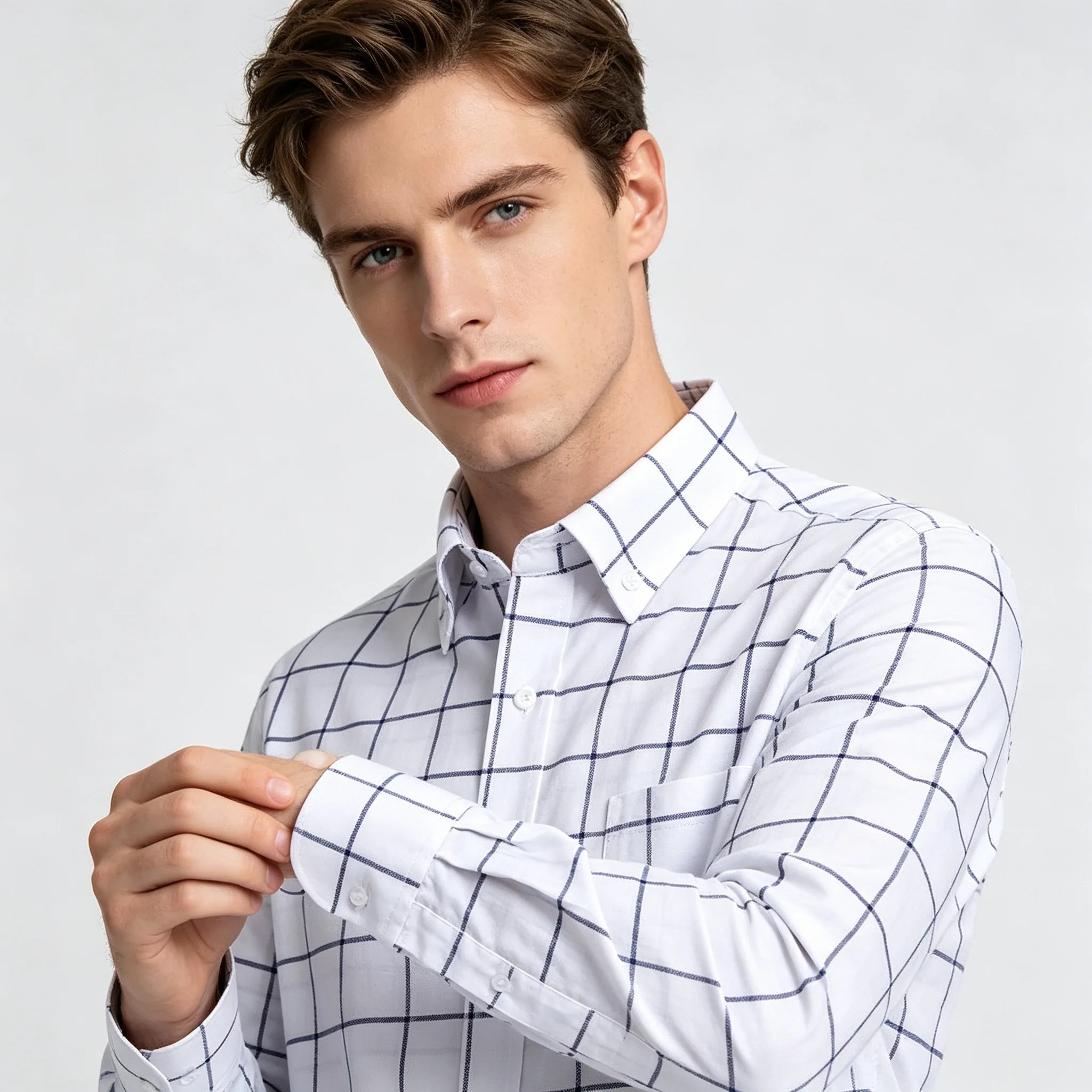 Men's Oxford Long Sleeve Square Collar Soild Plaid Striped Summer Casual Shirts Single Pocket Comfortable Cotton Shirt