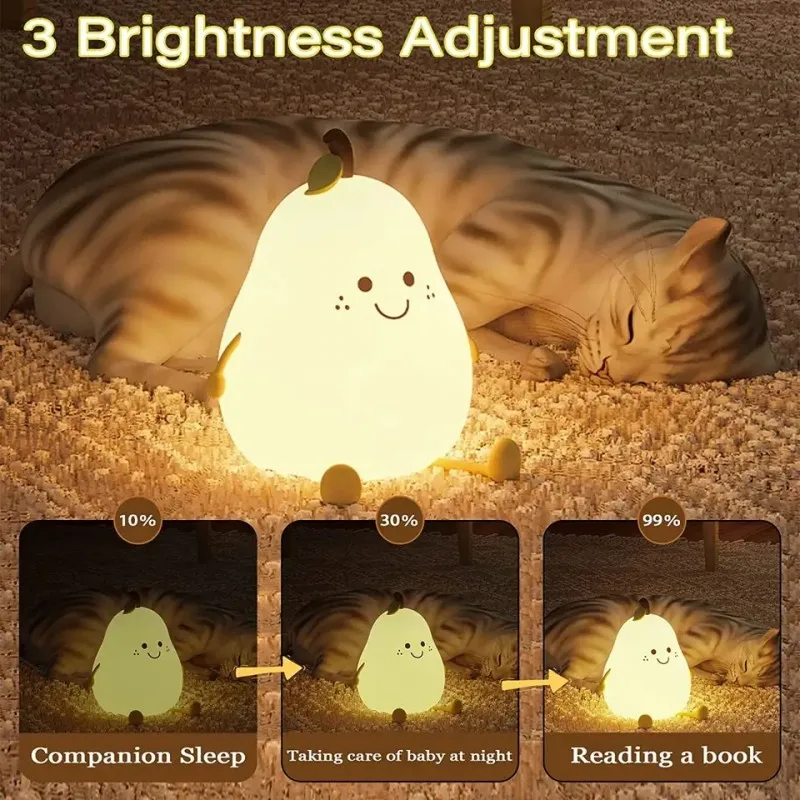 Creative Cute LED Pear Night Light USB Rechargeable Dimming Touch Silicone Table Lamp Bedroom Decoration Couple Gift Boby Light