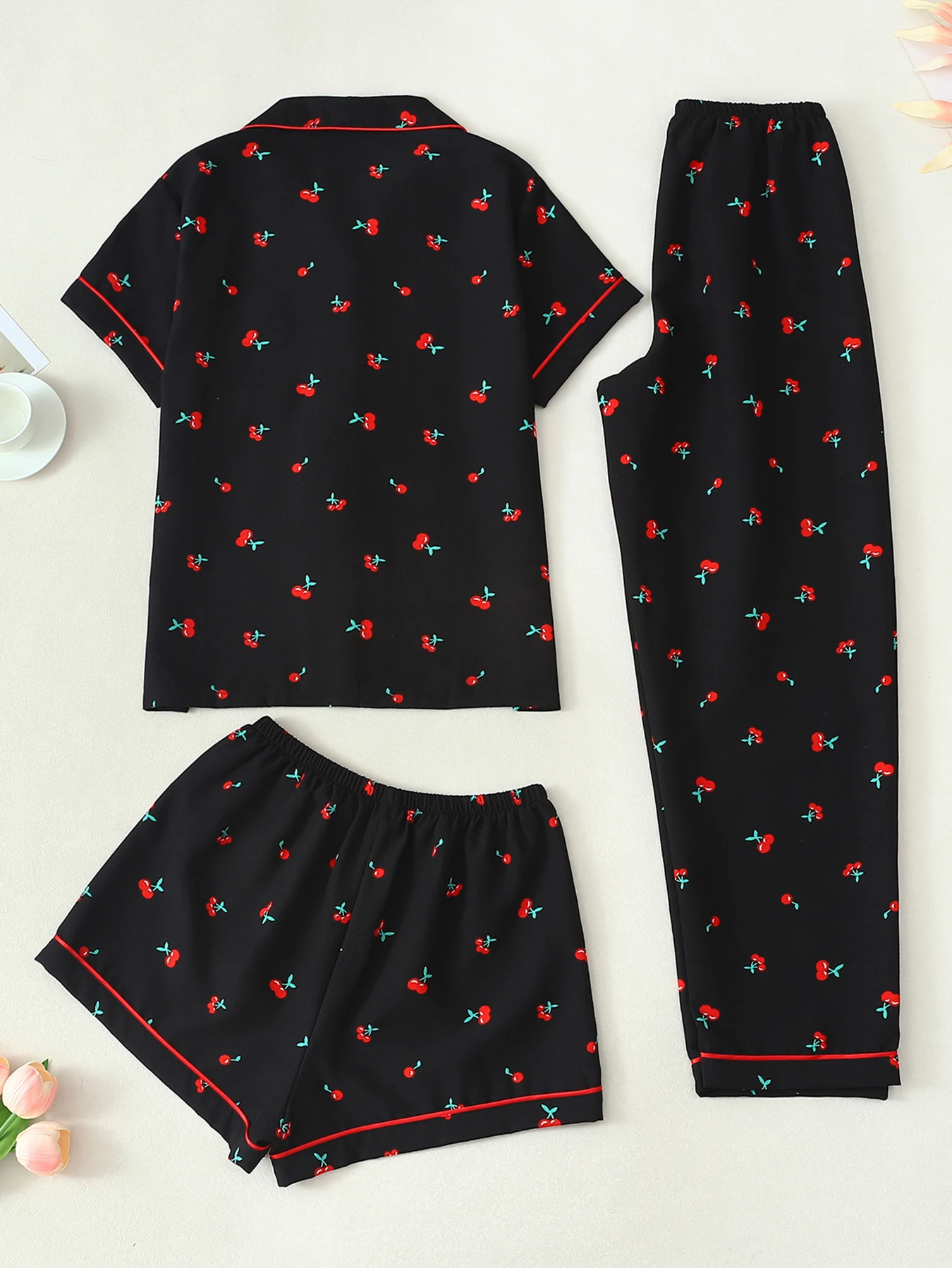 Women Pajamas Notch Lapel Short Sleeve Shorts Pants 3 Piece Set Spring Summer Fall Cute Cherry Print Homewear
