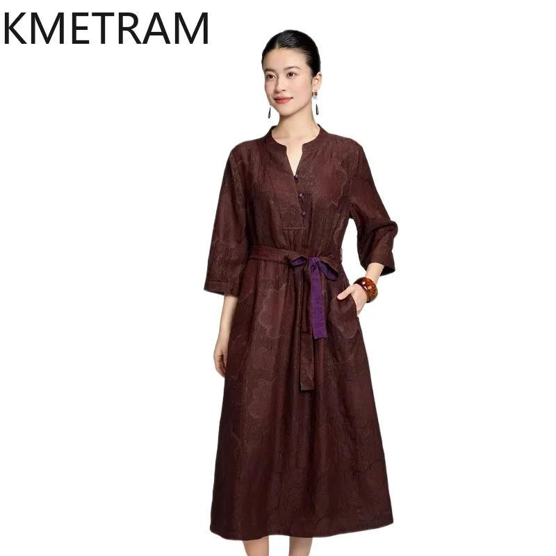 

KMETRAM 100% Mulberry Silk Dress Women Xiangyun Sha V-neck Long Dresses with belt Woman Clothes High-end Summer Frocks 2026