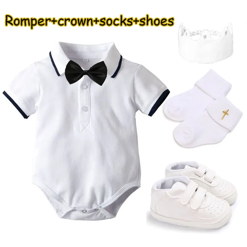 White Christening Clothes for Infant Boy Baby Romper+Bowtie Crowm Socks Shoes Gentlemen Clothe for Kids Formal Attire Bodysuits