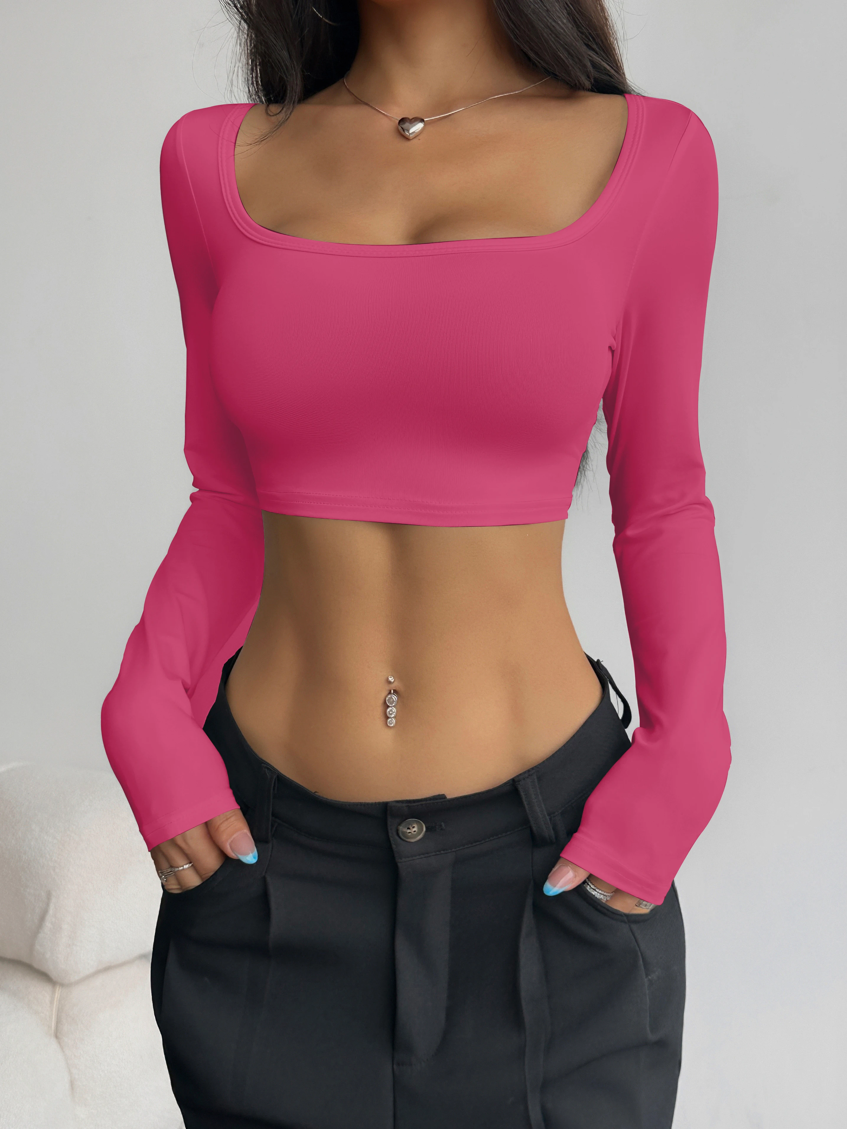 Damen-Crop-Top mit eckigem Ausschnitt und langen Ärmeln, figurbetontes Oberteil, das die Schlüsselbeine betont, heiß begehrter kurzer Bodysuit für vielseitiges Layering – Detail 21