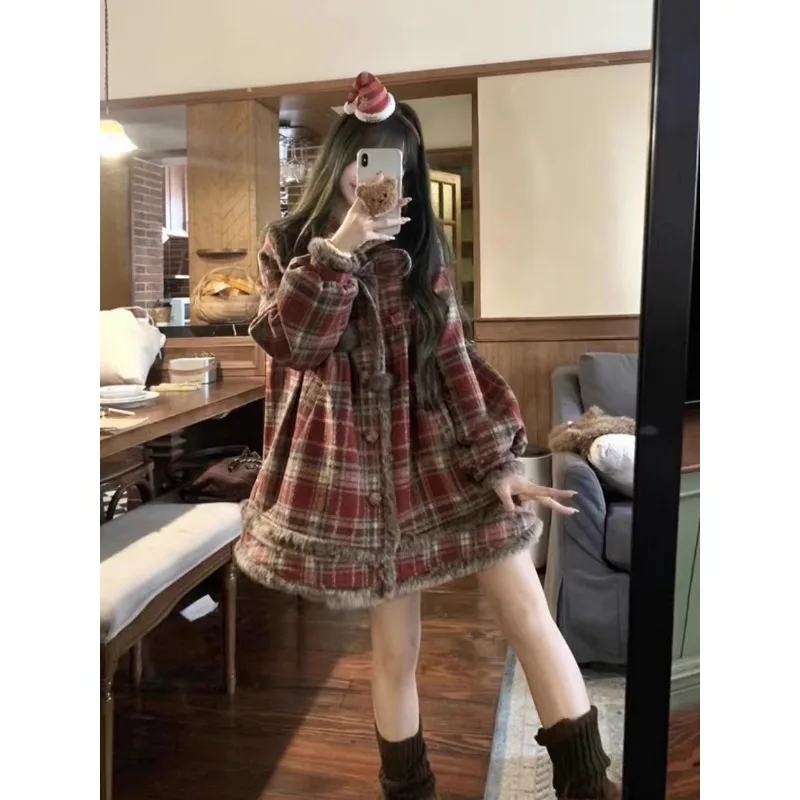 

Christmas Sweet Girl Imitation Rabbit Fur Splicing Woolen Dress Autumn Winter New Warm Cute Red Plaid Padded Long Sleeve Dresses