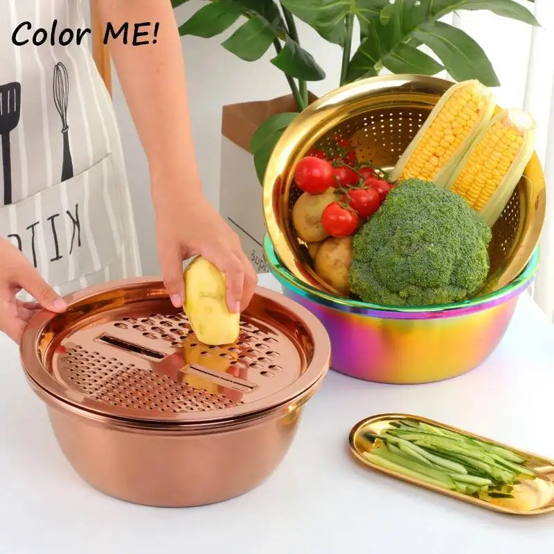 

3Pcs/Set Multifunctional Vegetable Slicer Grater With Container Stainless Steel Drain Pot Strainer Basket Kitchen Accessories