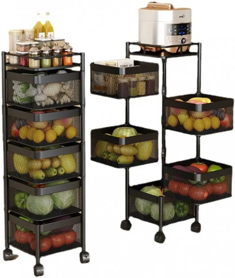 Rotating Storage Rack with Lockable Casters & Stainless Steel Removable Storage Basket Fruit and Vegetable Storage Rack Storage