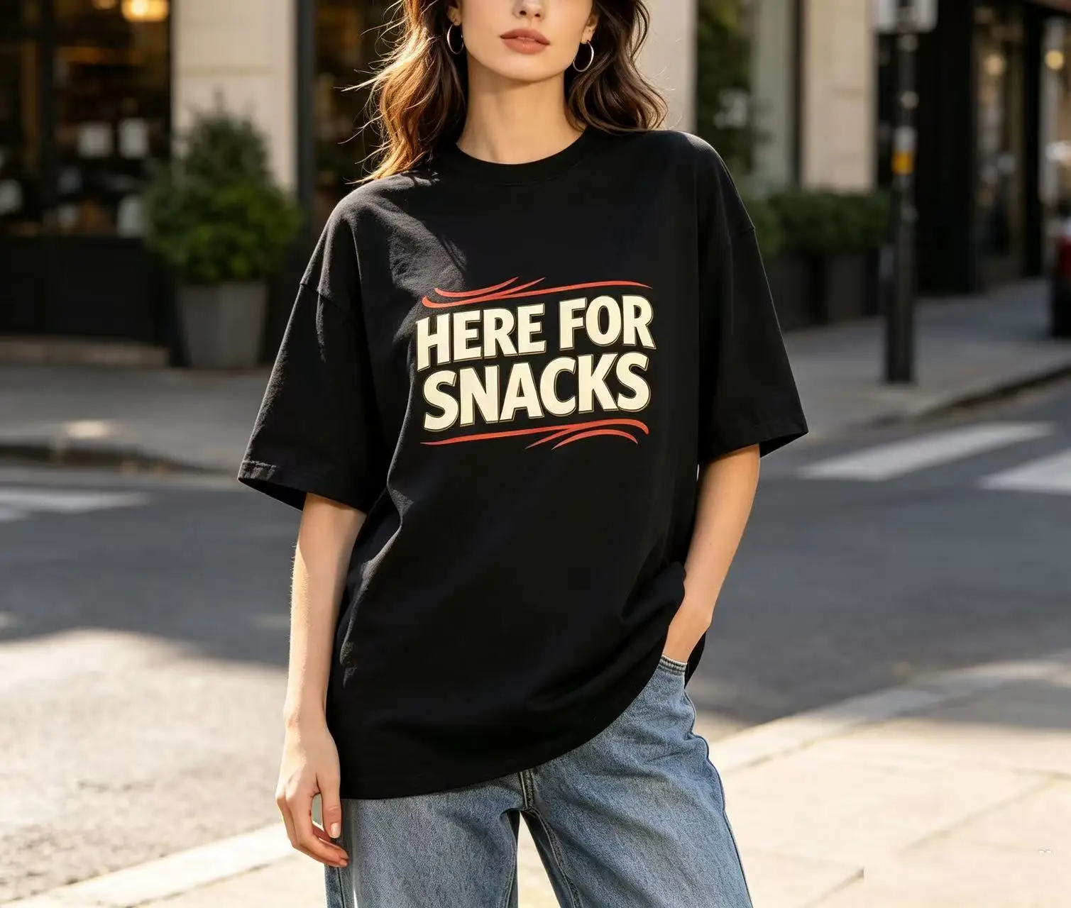 Unisex Here For Snacks Vintage Letter Graphic T Shirt Men Women Simple Text Print Oversized Crew Neck Cotton Tee