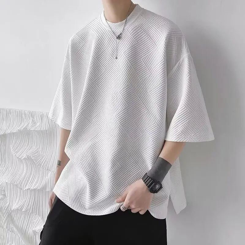 The second updated hem slit breasted short-sleeved T-shirt men's heavy ins trendy design loose couple round neck half sleeve