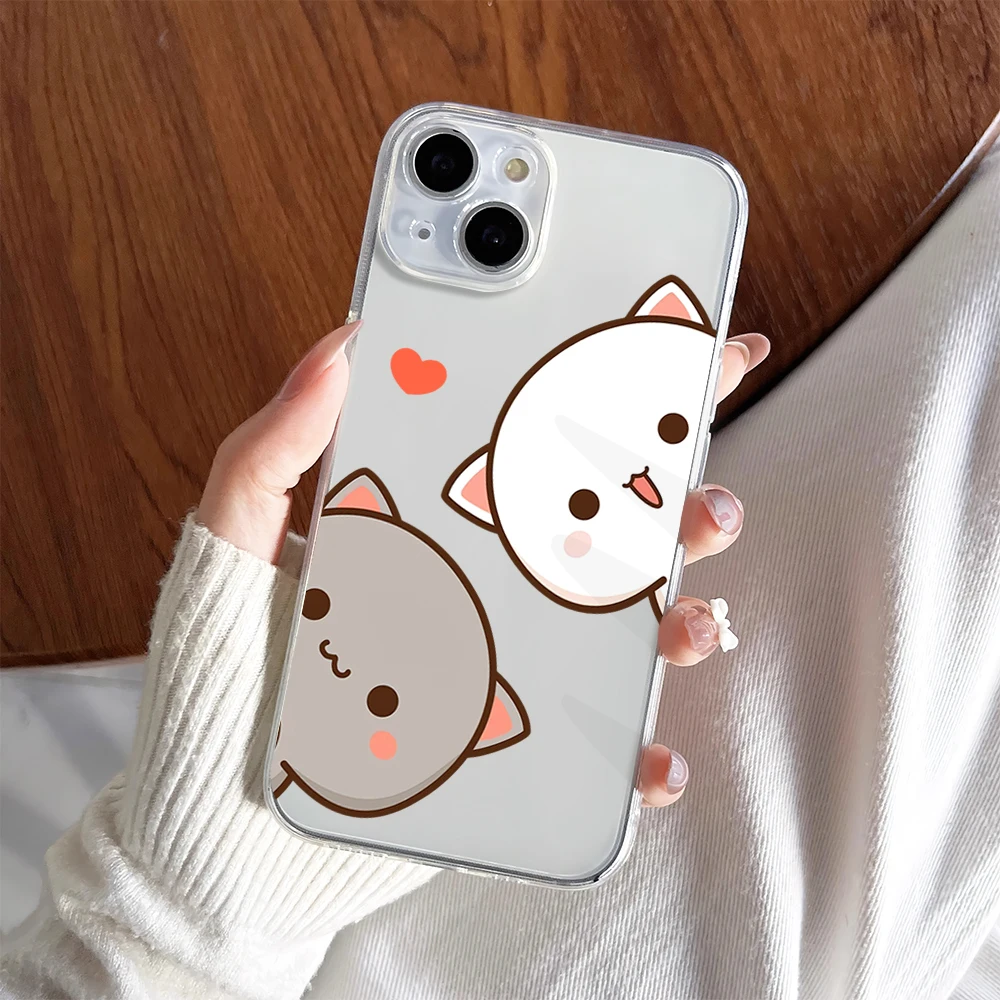 Cartoon Peach And Goma Mochi Cat Phone Case For iPhone 11 13 16 15 14 12 Pro Max Plus Clear Transparent Soft Shell