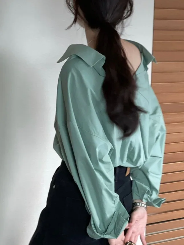 

Ele Vintage Long Sve Women's irt Faionable Turn-down Collar Loose Ba V-ne Design e Top Korean Sle