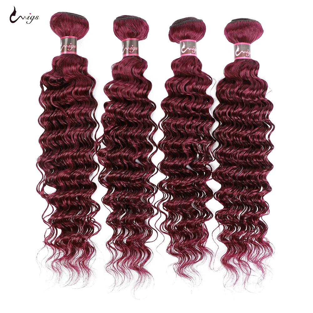 Uwigs-mechones de cabello humano Borgoña 99J, extensiones de cabello brasileño con ondas profundas, 1/3/4 piezas, Color Rojo