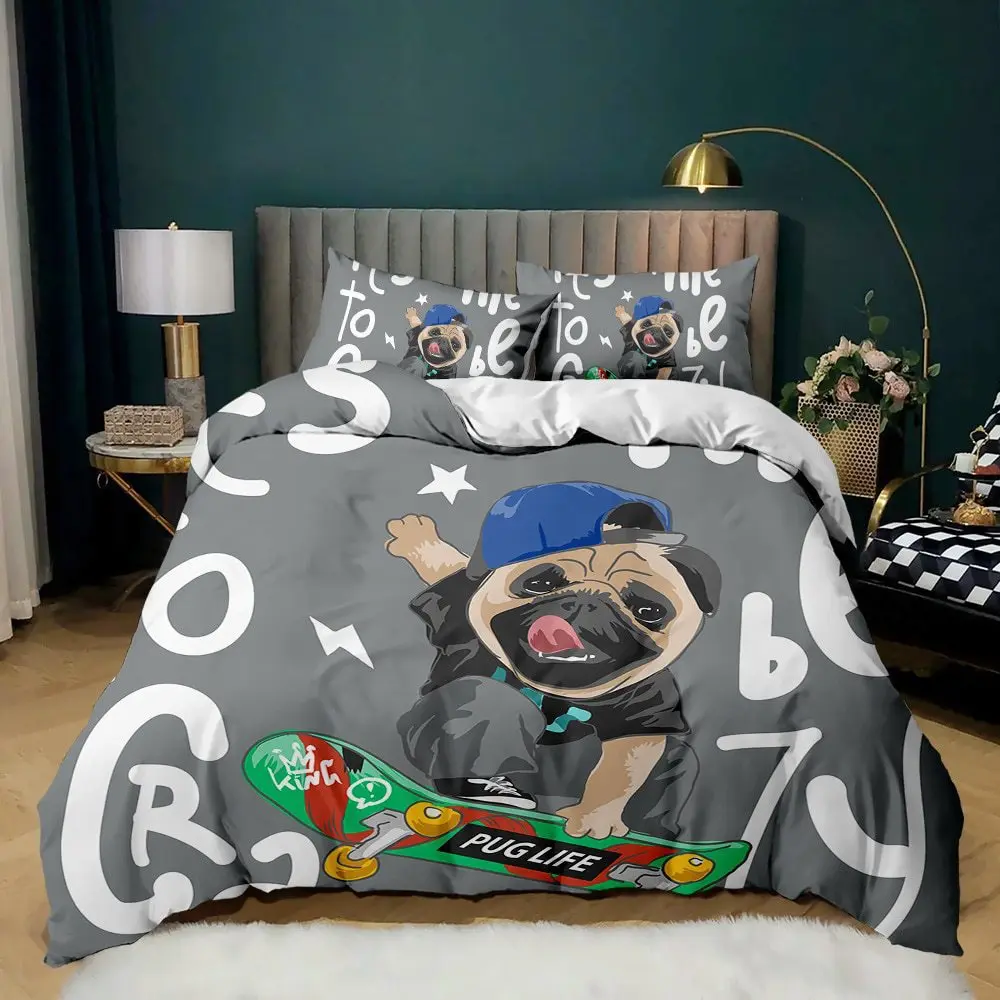 Home 3D Digital Print Pug Dog Duvet Cover Set with Pillowcases for Kids Adults Home Bedroom Decor Microfiber Double Bedding Set