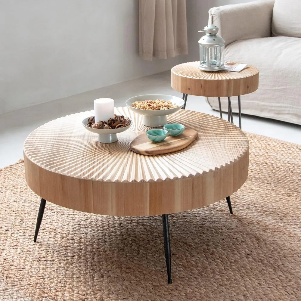 2-Piece Farmhouse Nesting Table Round with Handcrafted Wood Radial Pattern, Modern Coffee Table Set for Living Room