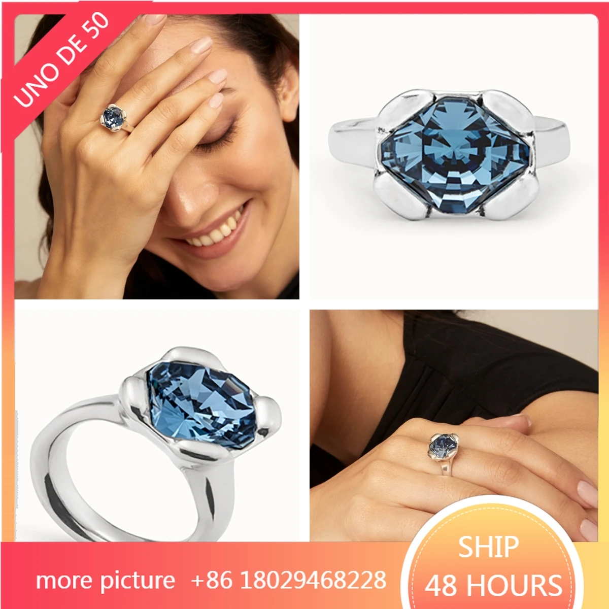 Spain UNOde Jewelry Versatile Personalized Brilliant Blue Crystal Ring Women's Accessories Valentine's Day Gift