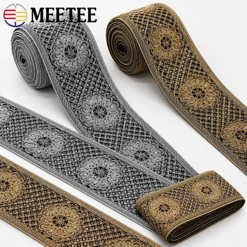 3/5Meters 78mm Ethnic Sequin Embroidered Lace Trim Silver Thread Webbing Ribbon for Shoes Costume Decor DIY Sewing Accessory Set