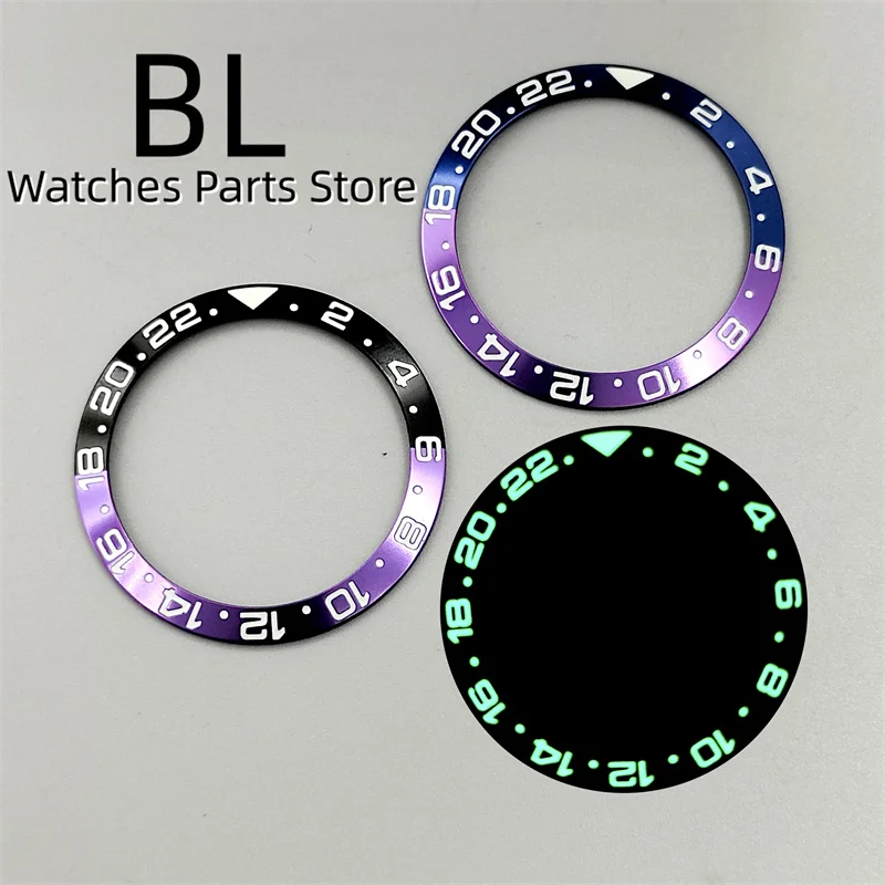 BLIGER 38mm Black Purple Blue Purple Bezel Sloping Insert With C3 Green Luminous For 40mm GMT Diving Watch Case Men\'s Watch Part