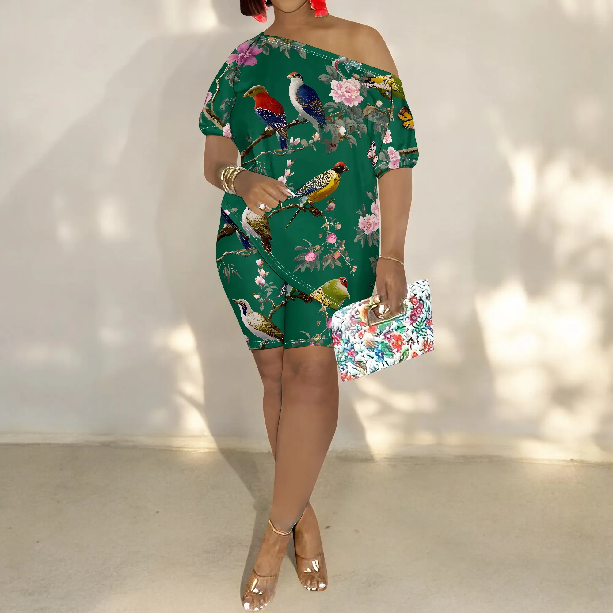 Bird Floral Print, Off Shoulder Dress Set, Ruffle Sleeve Mini Skirt, Summer Beach Party Outfit, Women's Fashion S-2XL