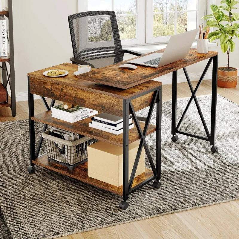 

360° Free Rotating Computer Desk, Mobile Writing Table with Drawer and Shelves, Rustic Brown