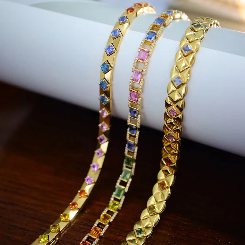 Aazuo Vintage Luxury 18K Yellow Gold Natrual Color Sapphire Rainbow Square Bracelet For Woman Upscale Trendy Engagement Party